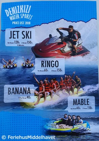 brosjyre med priser for jetski, ring og banan vannsport på Denizkizi Beach club Alsancak